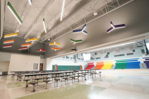 led light fixtures of varying shapes and rainbow colors hanging in cafeteria