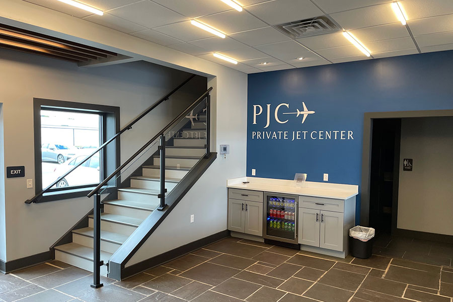 pittsburgh private jet center interior with hanging led lighting system, recessed